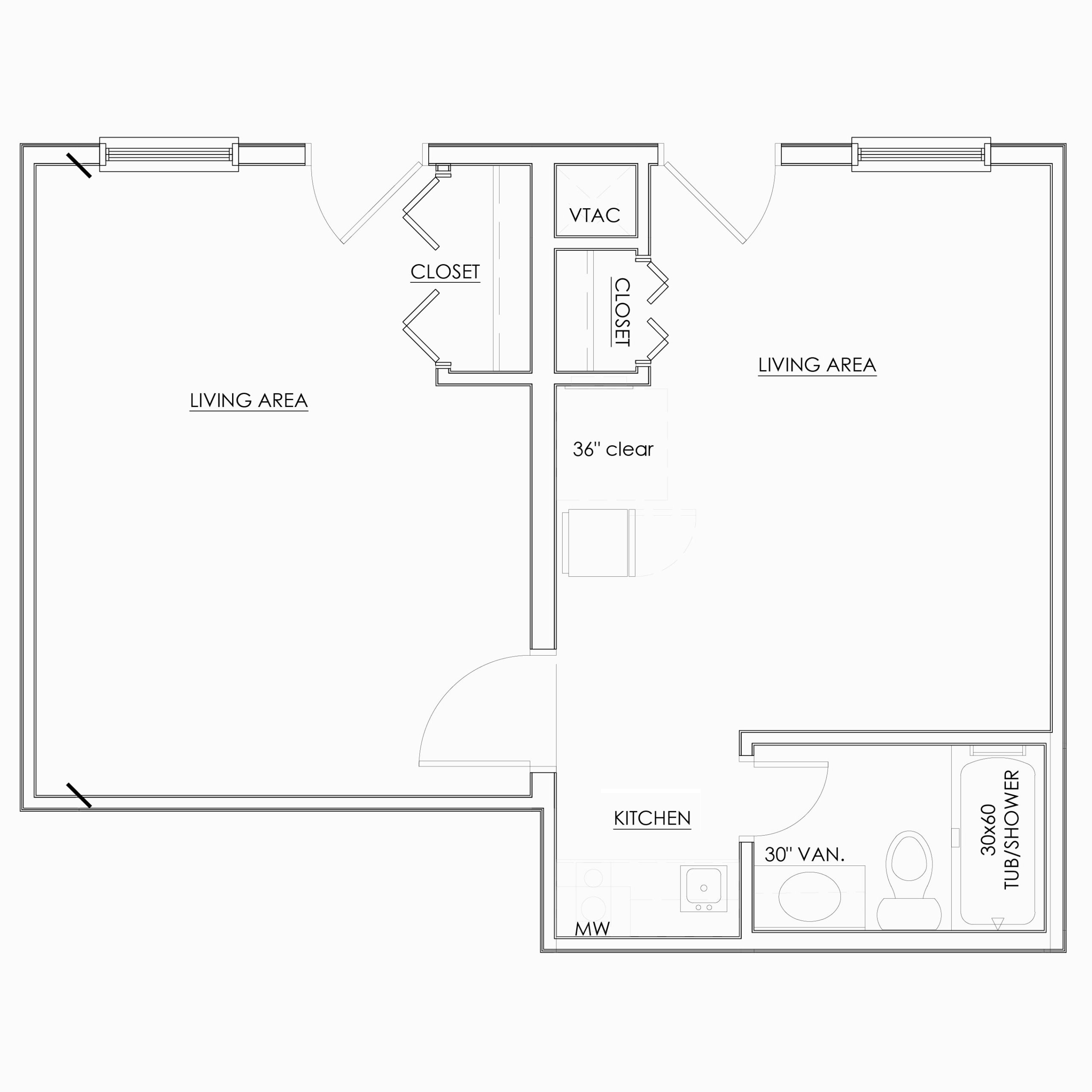Apartment A1 floor plan with large living areas and separate bedroom, closet, bathroom, and kitchen areas