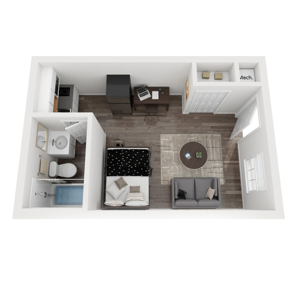 Rendering of furnished apartment with bed, kitchenette and separate bathroom