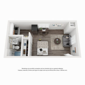 Studio S2 rendering of furnished apartment with bed, kitchenette and separate bathroom
