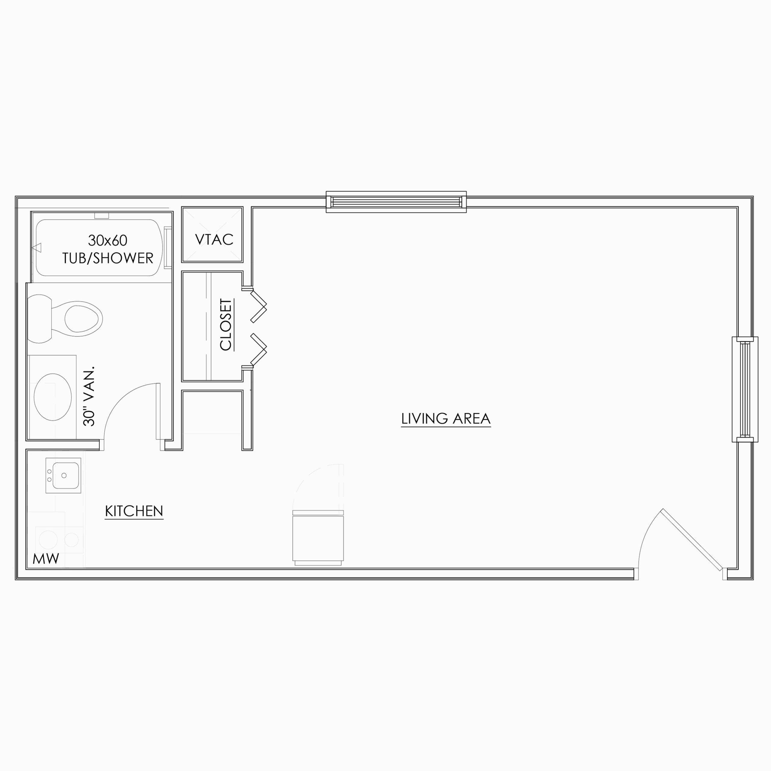 Studio S3 floor Plan with larger living area and separate closet, bathroom, and kitchen area