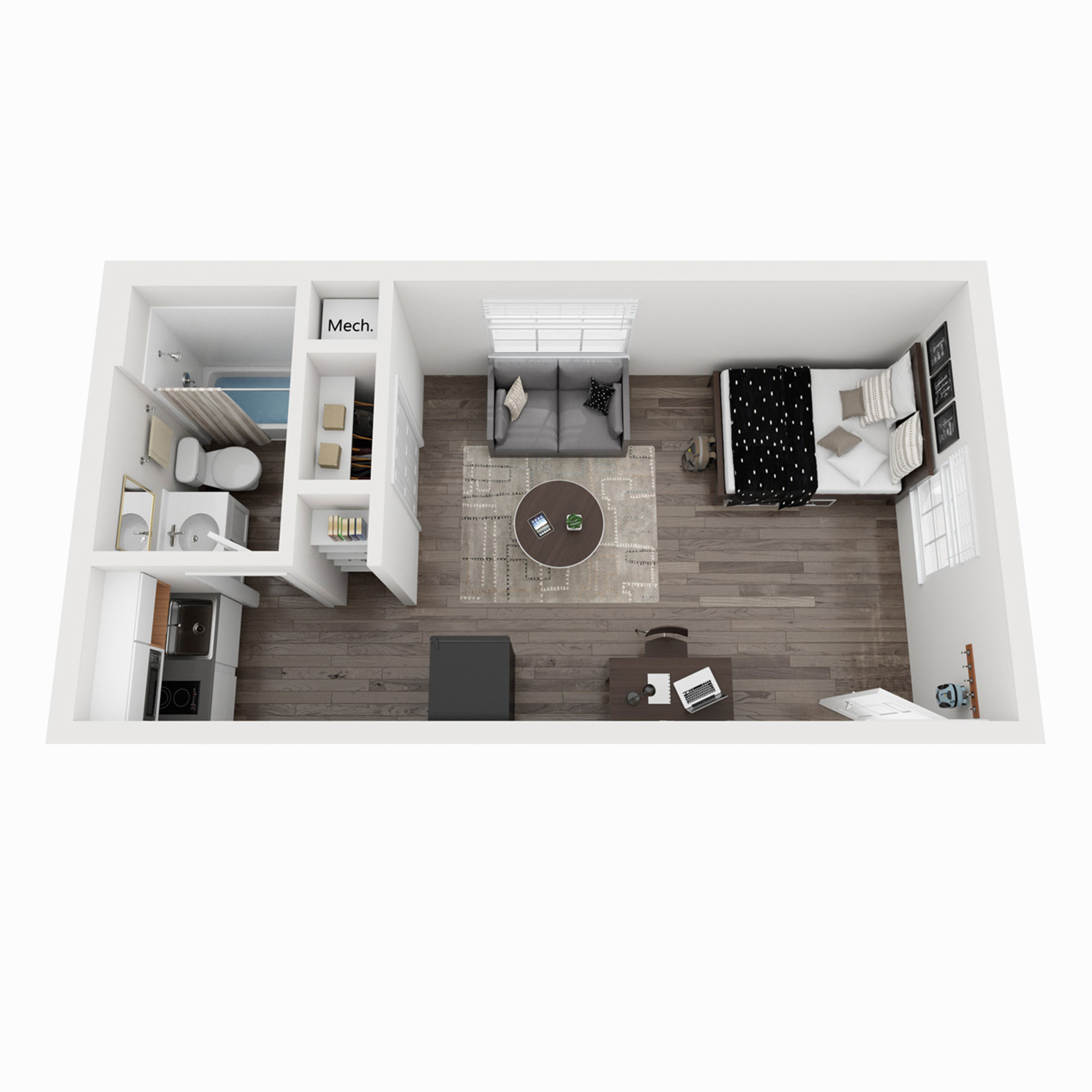 Studio S3 rendering of furnished apartment with bed, kitchenette and separate bathroom
