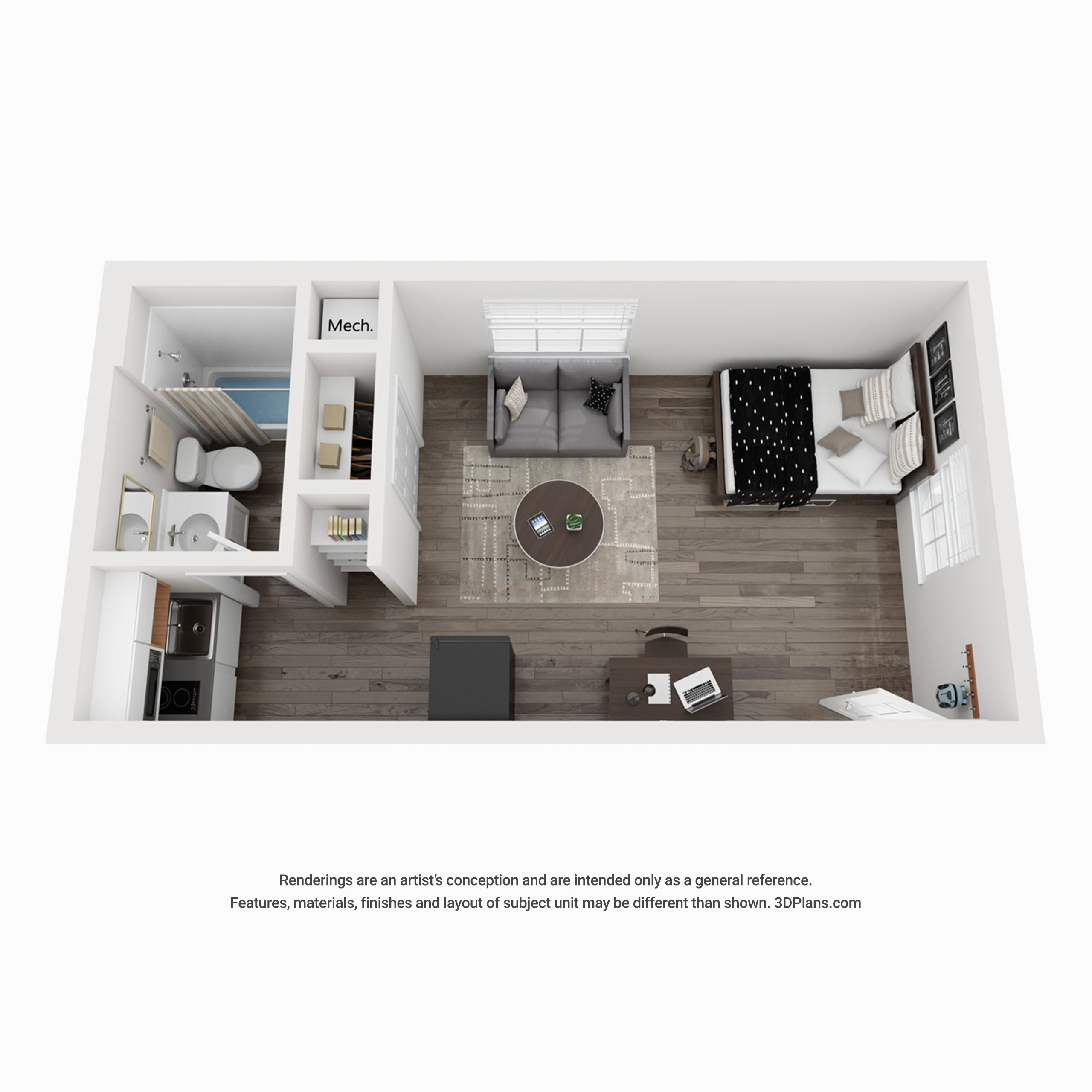 Studio S3 rendering of furnished apartment with bed, kitchenette and separate bathroom