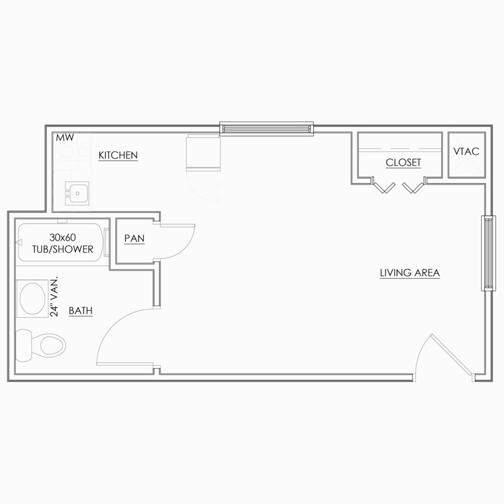 Studio S4 floor plan with larger living area and separate closet, bathroom, and kitchen areas