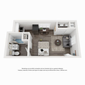 Studio S4 rendering of furnished apartment with bed, kitchenette and separate bathroom