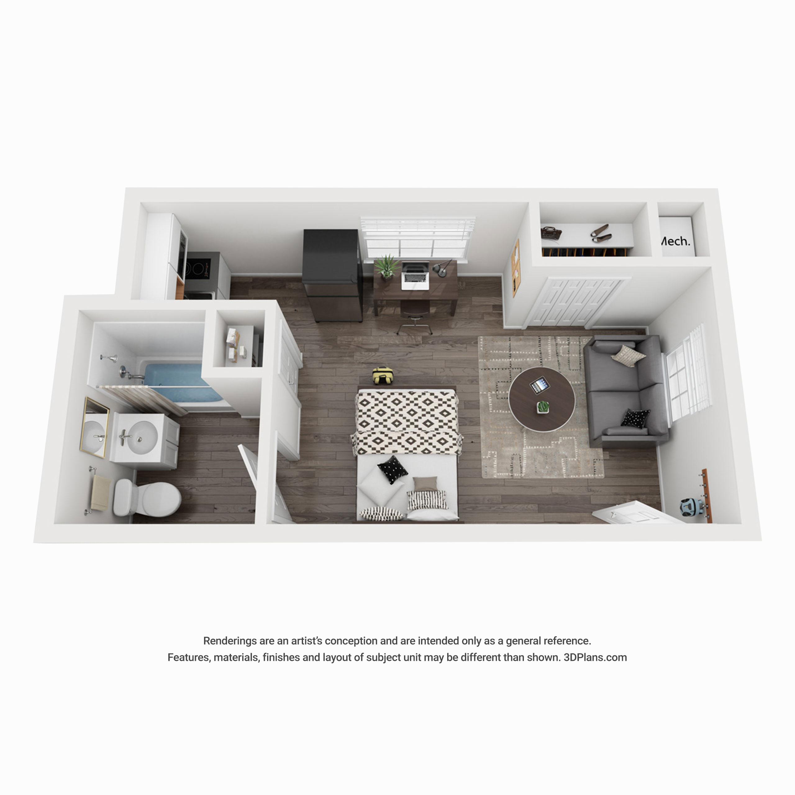 Studio S4 rendering of furnished apartment with bed, kitchenette and separate bathroom