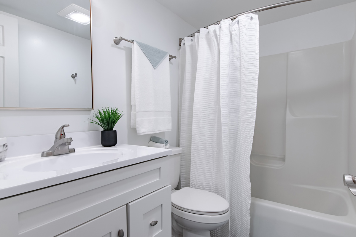 Studio bathroom with arced shower curtain