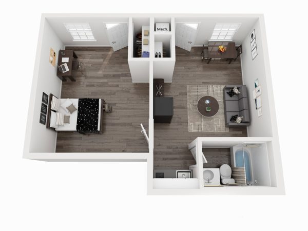 Rendering of furnished apartment A1 with separate bedroom, bathroom, kitchenette and living areas.