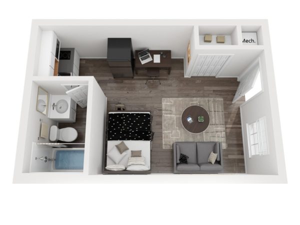 Rendering of furnished apartment with bed, kitchenette and separate bathroom