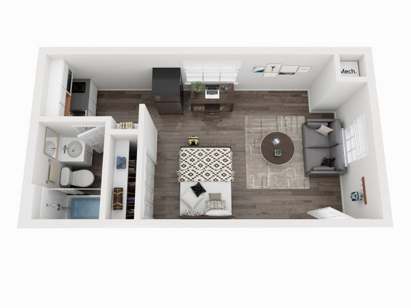 Studio S2 rendering of furnished apartment with bed, kitchenette and separate bathroom