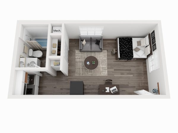 Studio S3 rendering of furnished apartment with bed, kitchenette and separate bathroom